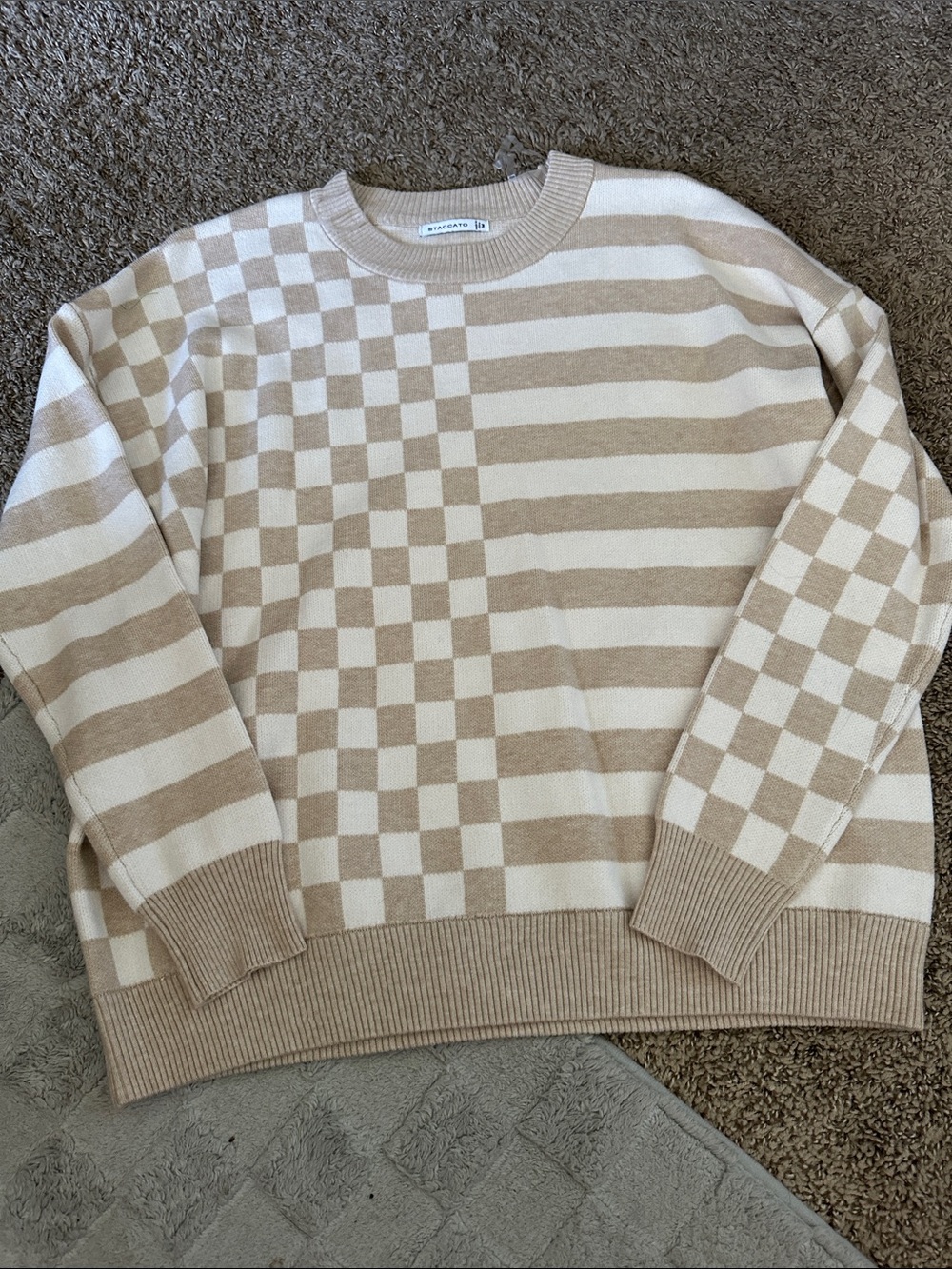 Staccato Beige & Cream Checkerboard Stripe Crewneck Sweater